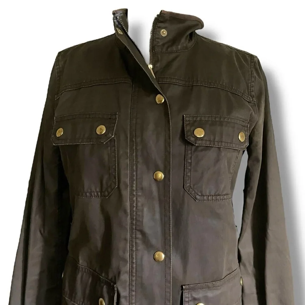 J Crew Womens Downtown Field Jacket Sz Small Olive Green Waxed Cotton Military